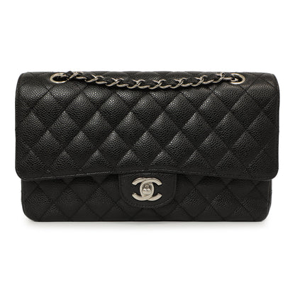 Exclusive Chanel Black Quilted Caviar Medium Classic Double Flap — Front View