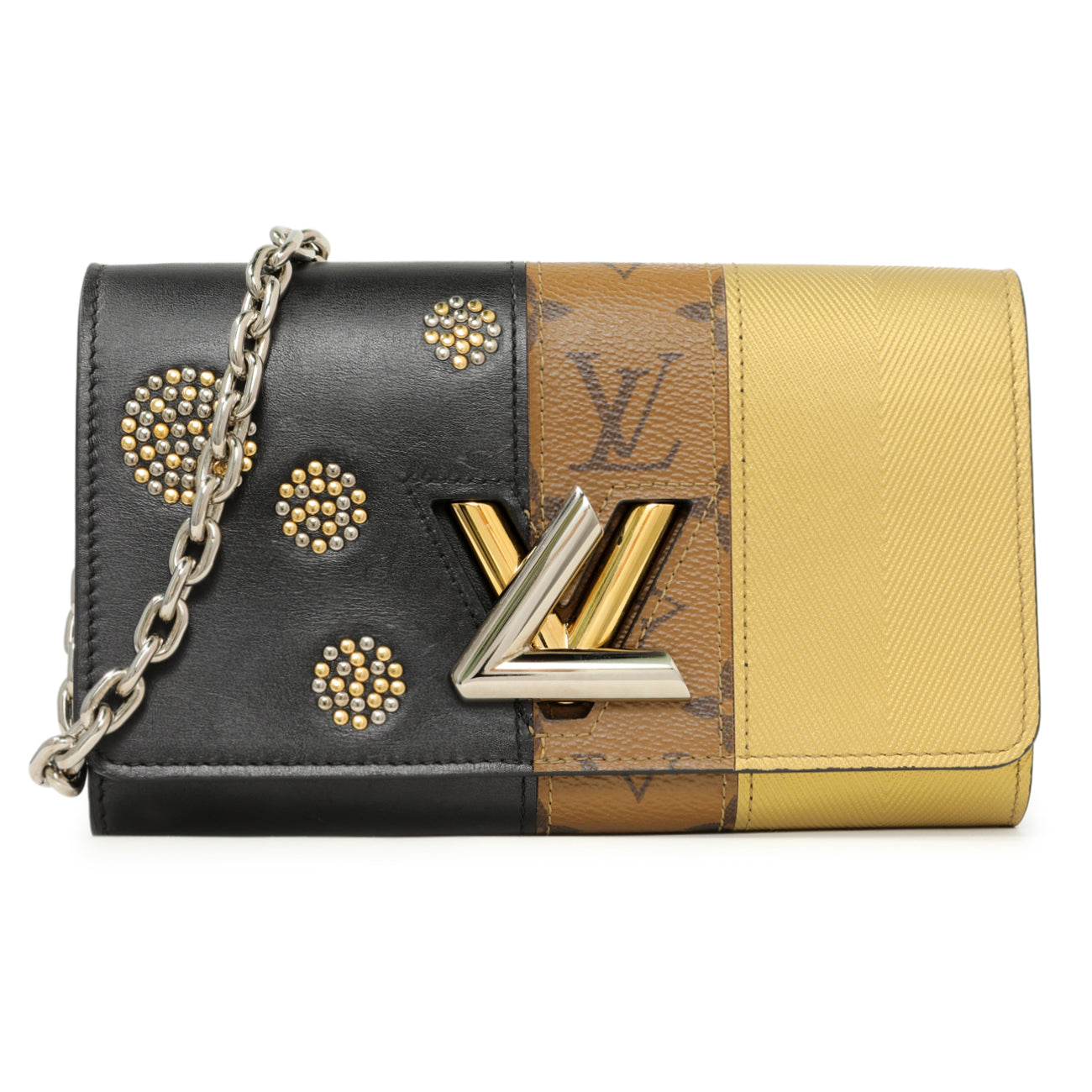 Exclusive Louis Vuitton Reverse Monogram Studded Night Lights Twist Chain Wallet — Front View