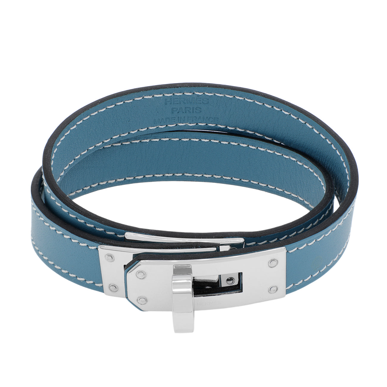 Exclusive Hermes Blue Swift Kelly Double Tour Bracelet — Front View