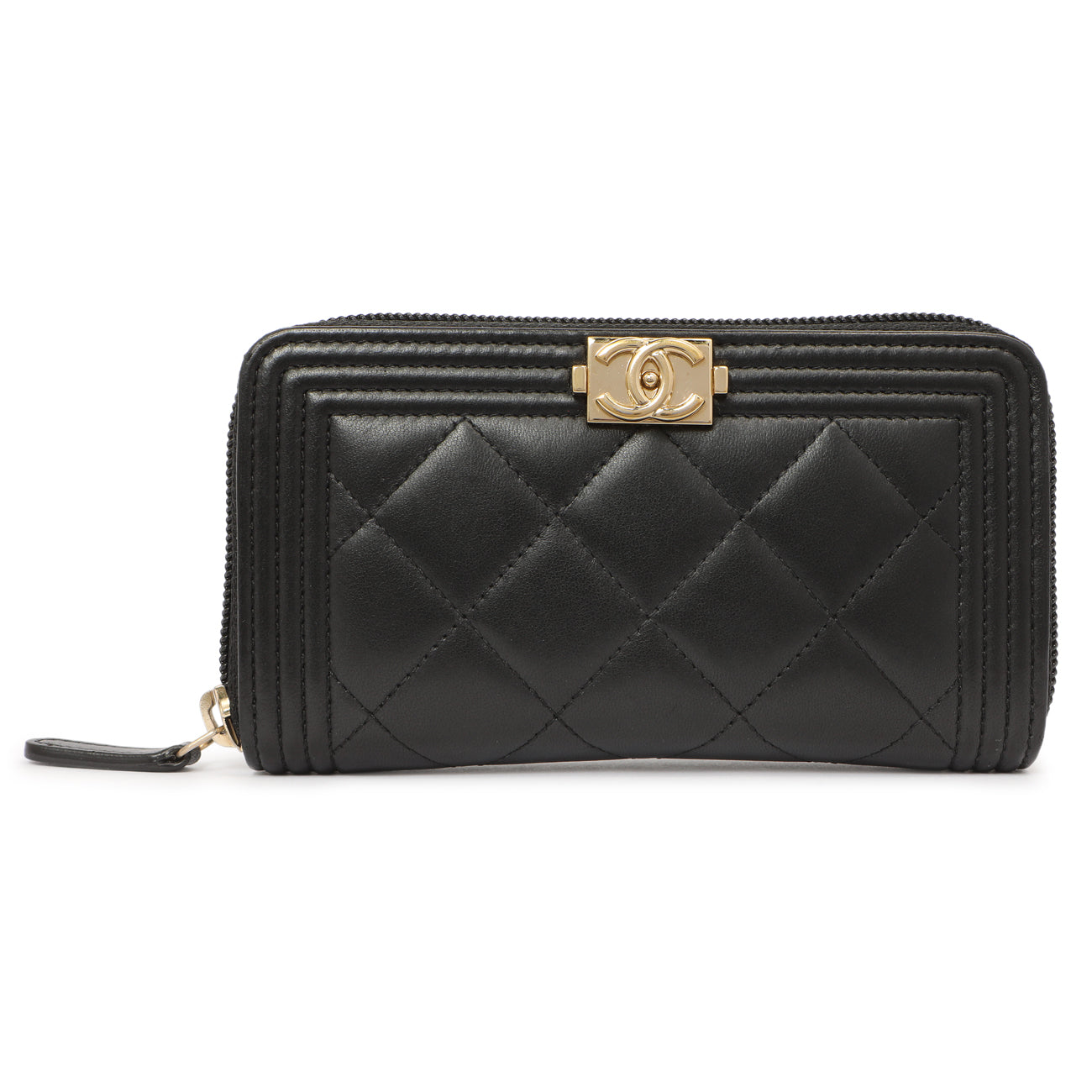 Exclusive Chanel Black Quilted Lambskin Small Boy Zip Around Wallet — Front View