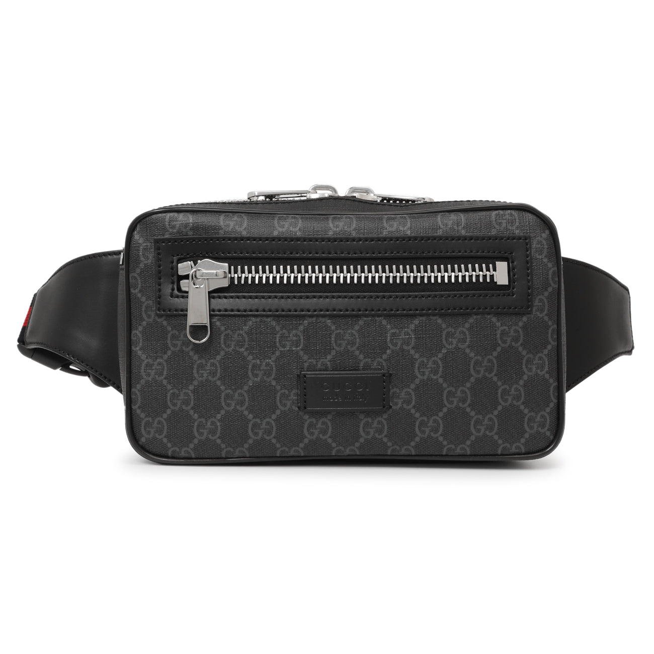 Exclusive Gucci Black Soft GG Supreme Monogram Web Belt Bag — Front View