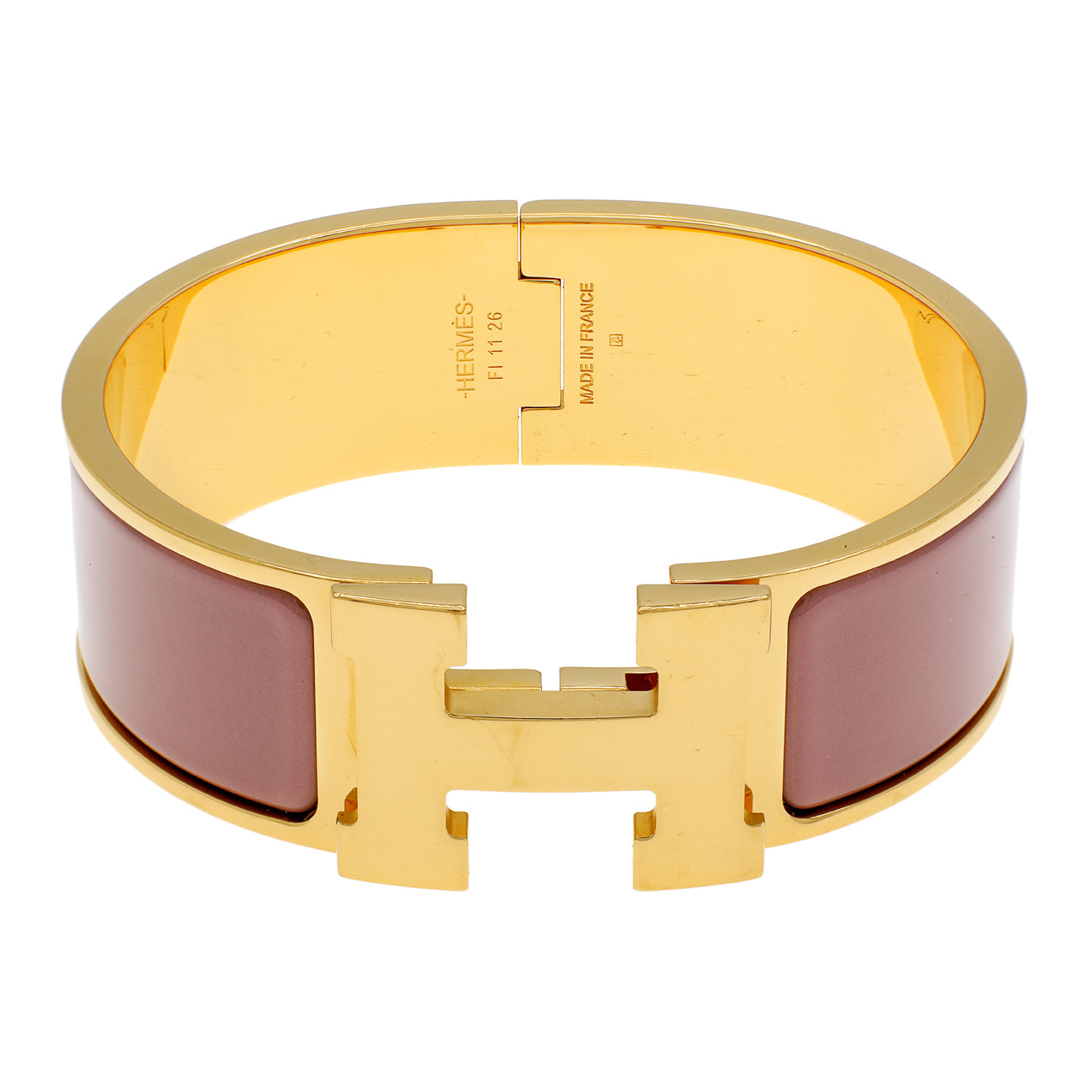 Exclusive Hermes Bois de Rose Enamel Clic Clac H Bracelet — Front View