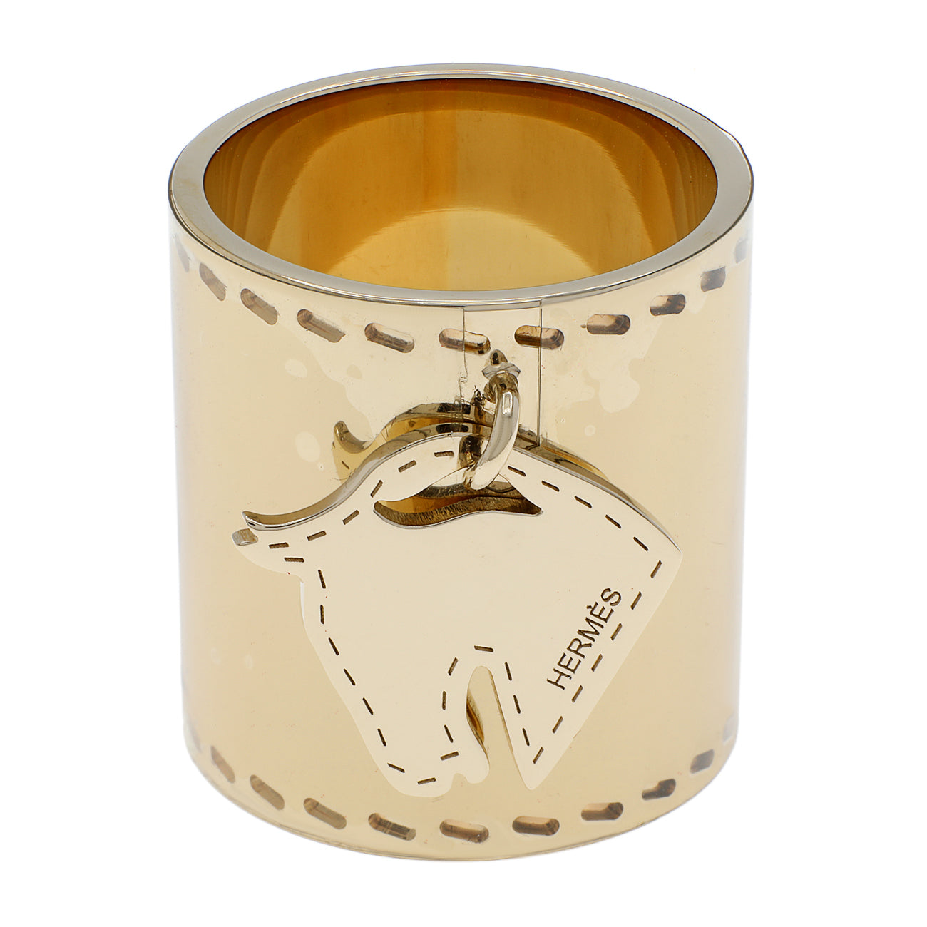 Exclusive Hermes Gold Tete de Cheval Horse Charm Scarf Ring — Front View
