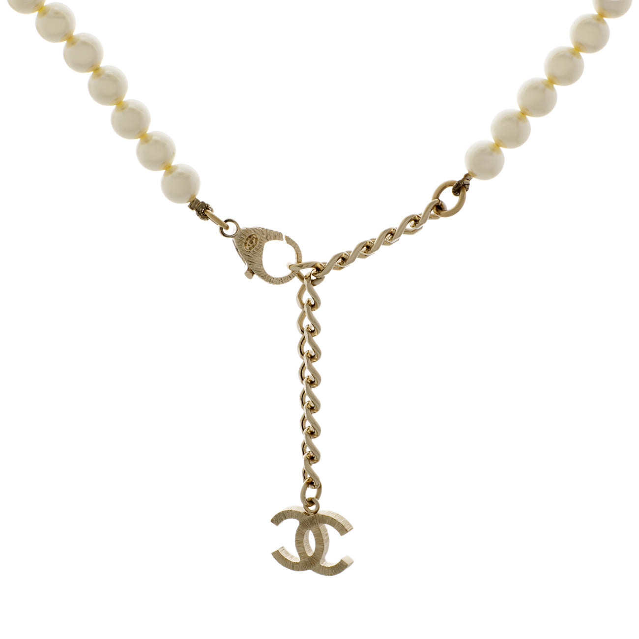 Exclusive Chanel Pearl Crystal CC Long Necklace — Side View