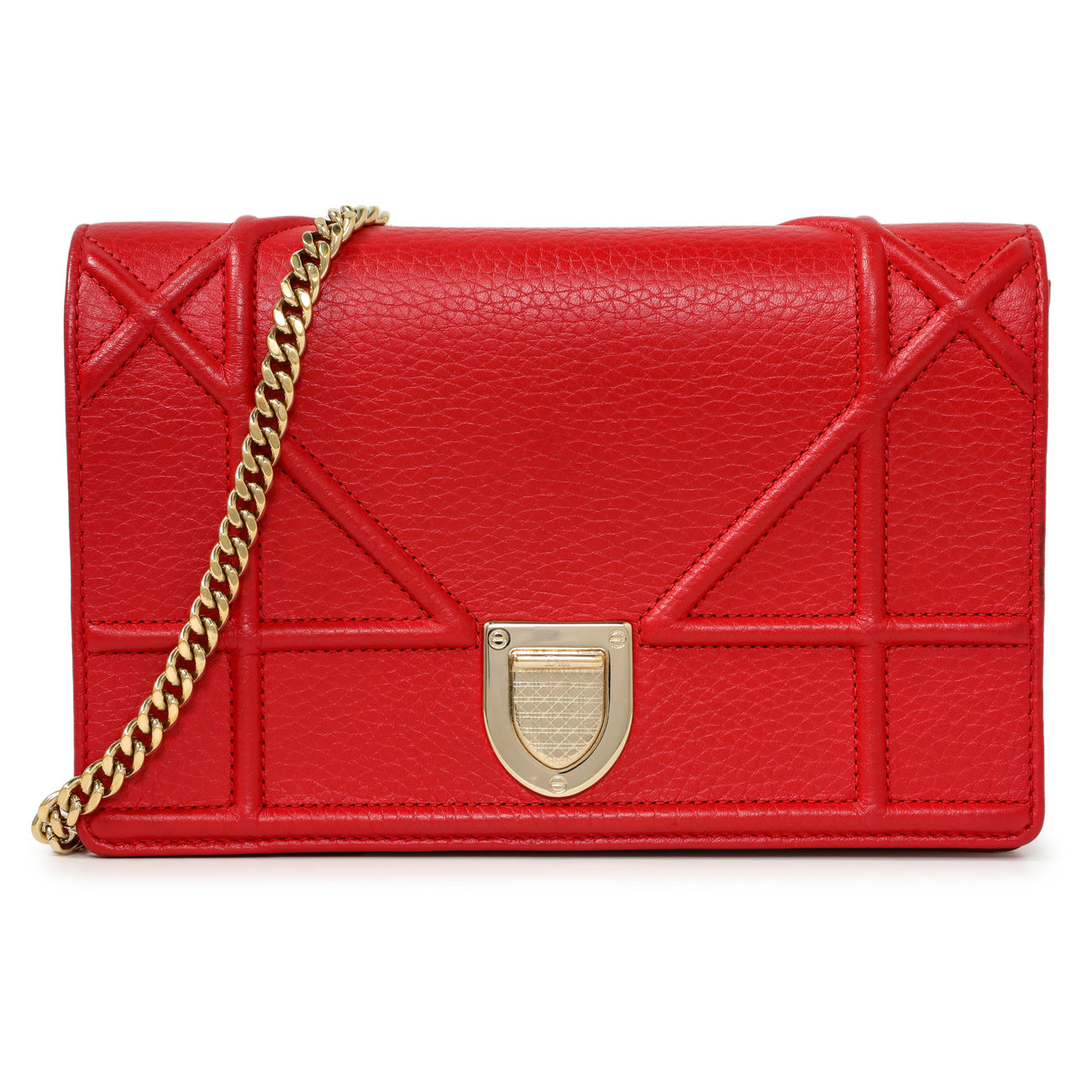 Exclusive Christian Dior Red Calfskin Diorama Wallet On Chain — Front View