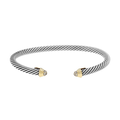 Exclusive David Yurman Sterling Silver 18K Yellow Gold Diamond 4mm Cable Bracelet — Front View