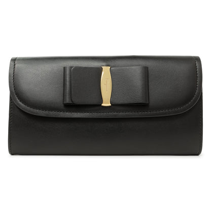 Exclusive Salvatore Ferragamo Black Calfskin Vara Bow Wallet — Front View