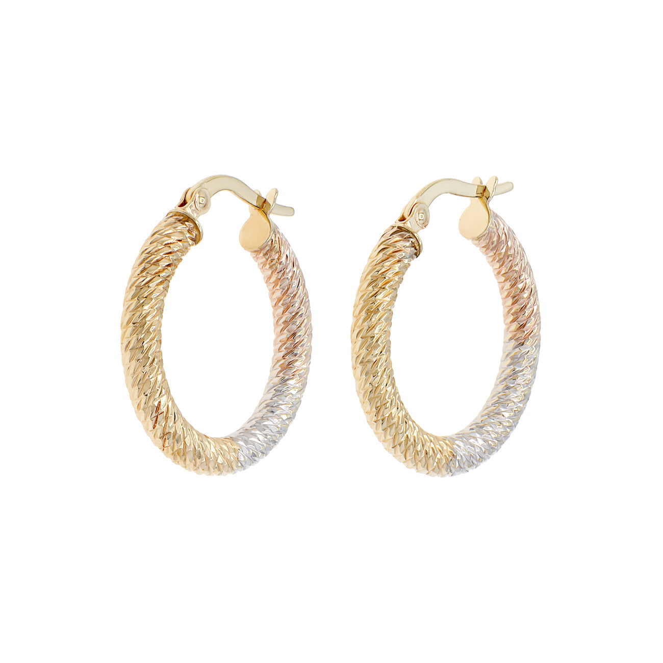 Exclusive 10K Tri-Gold Diamond Cut Hoop Earrings — Front View