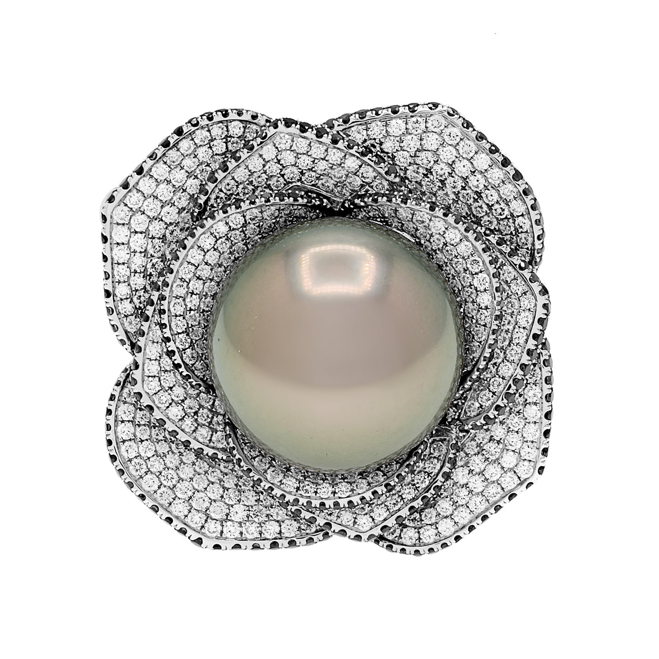 Exclusive 18K White Gold 17.0mm Tahitian Pearl Convertible Floral Pendant Ring — 4.5 — Front View