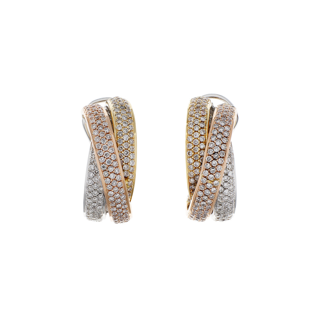 Exclusive 18K Tri Color Gold 2.03 Carat Diamond Demi Hoop Earrings — Front View
