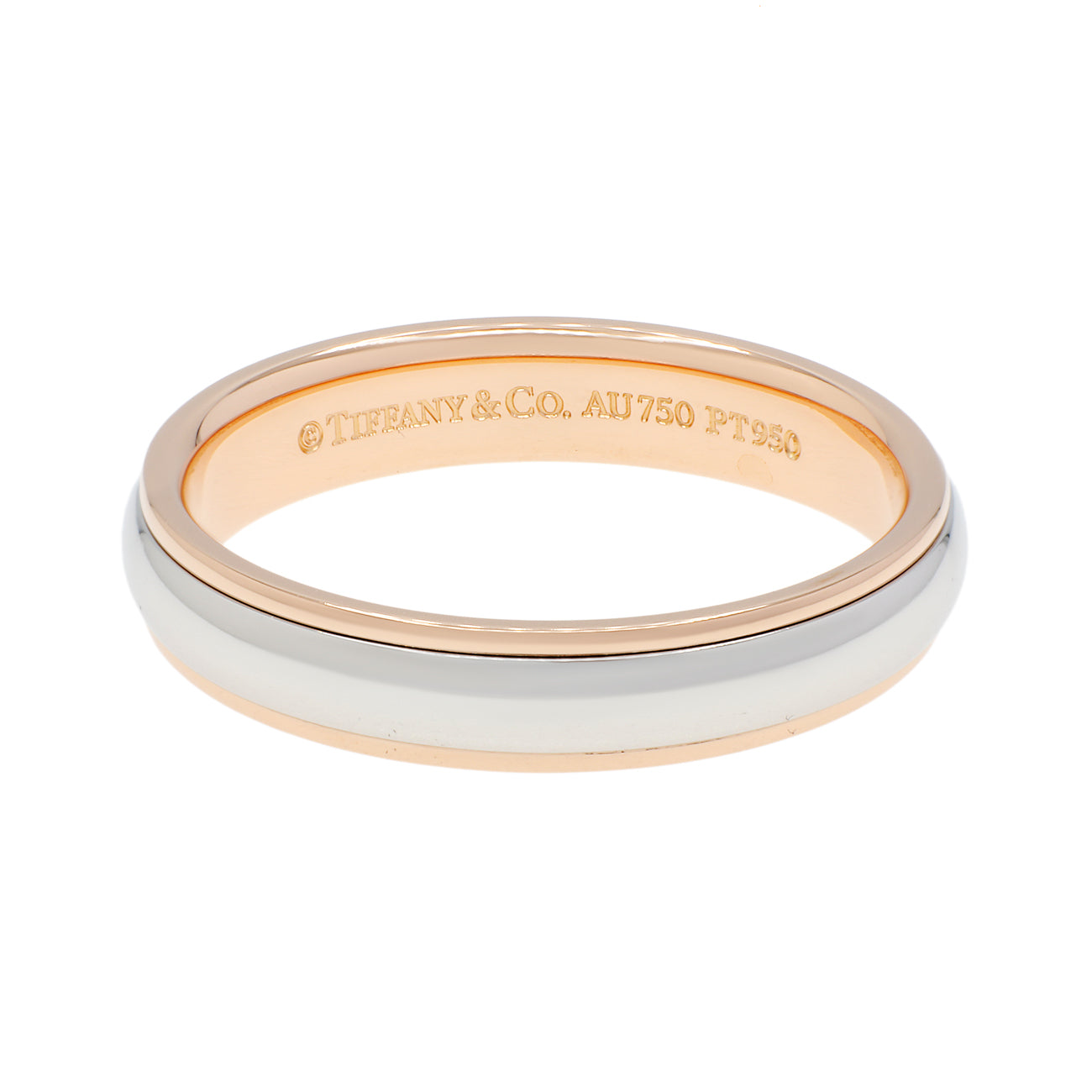 Exclusive Tiffany & Co. Platinum 18K Rose Gold 4mm Lucida Wedding Band Ring — Front View