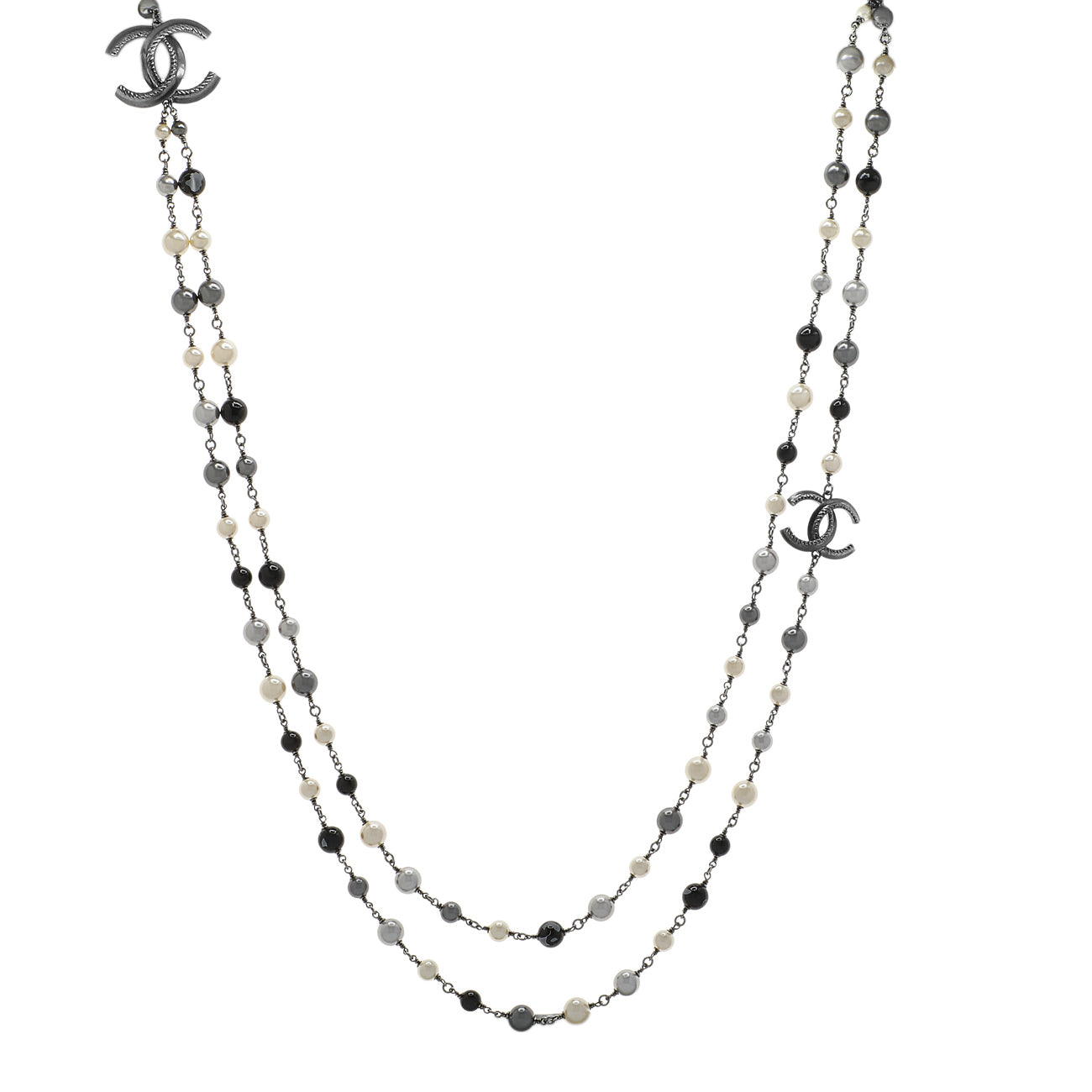 Exclusive Chanel CC Pearl Long Double Strand Necklace — Front View