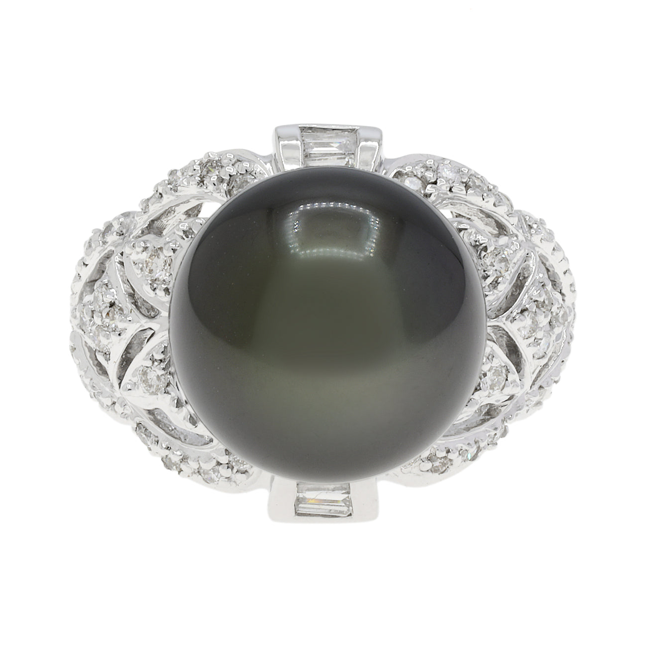 Exclusive 18K White Gold 12.58mm Tahitian Pearl Diamond Ring — 3.5 — Front View