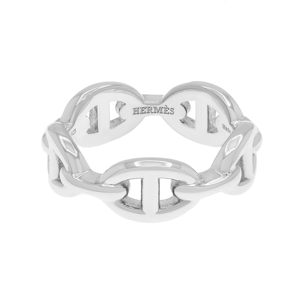 Exclusive Hermes Sterling Silver Chaine d'Ancre Enchainee Ring — Front View