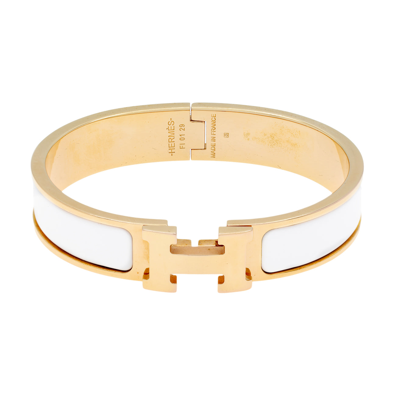 Exclusive Hermes Rose Gold White Enamel Clic H Bracelet — Front View