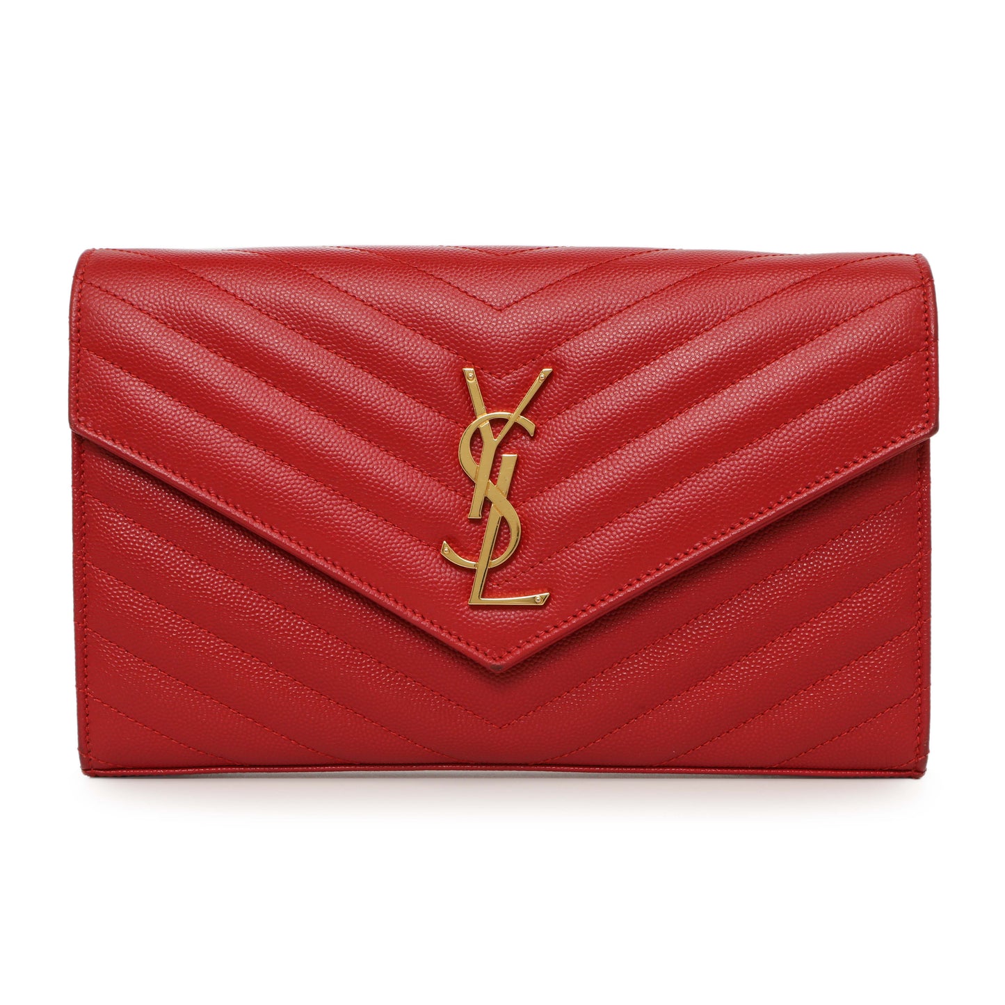 Exclusive Saint Laurent Red Grain De Poudre Matelasse Chevron Monogram Chain Wallet — Side View