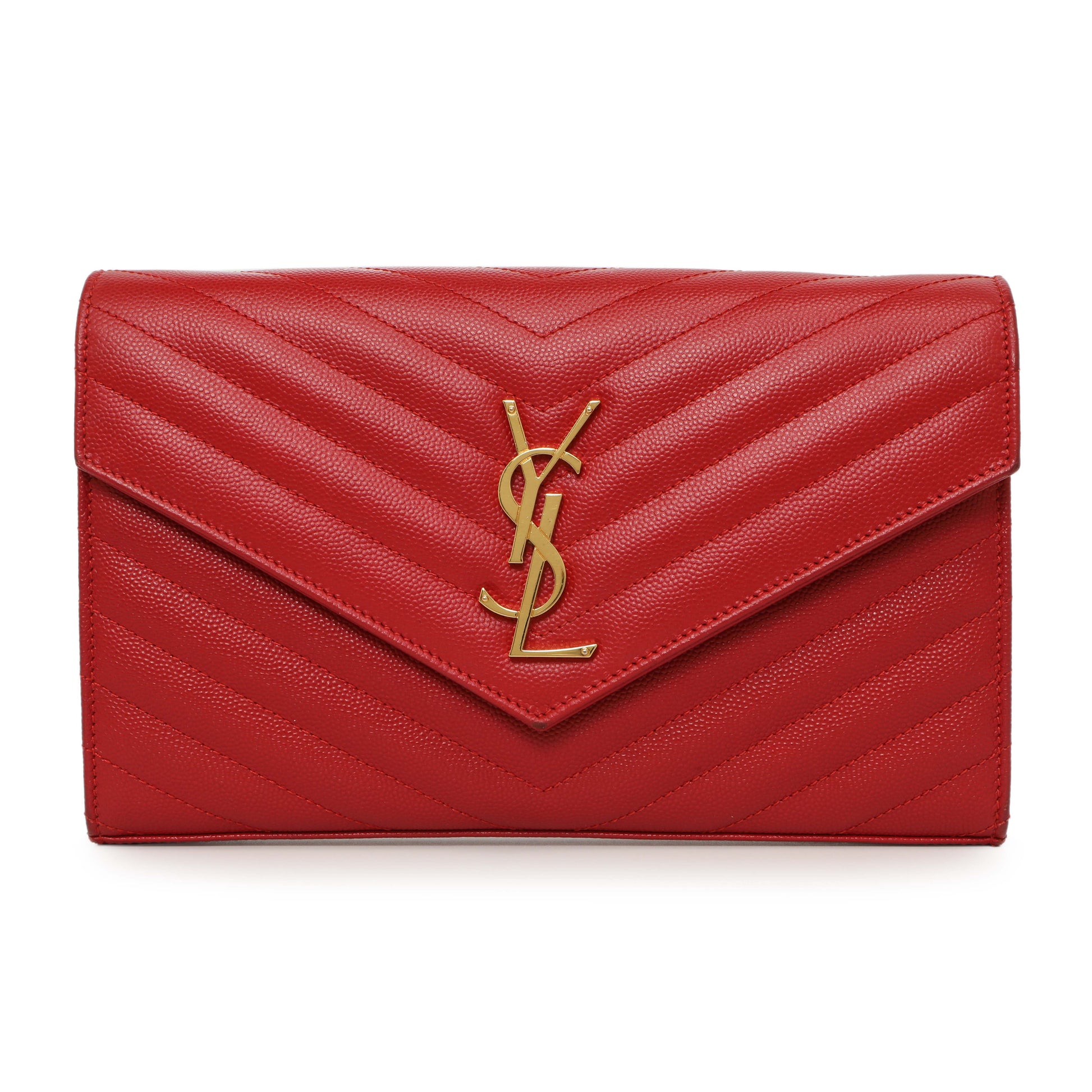 Exclusive Saint Laurent Red Grain De Poudre Matelasse Chevron Monogram Chain Wallet — Side View