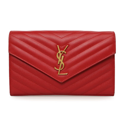 Exclusive Saint Laurent Red Grain De Poudre Matelasse Chevron Monogram Chain Wallet — Side View