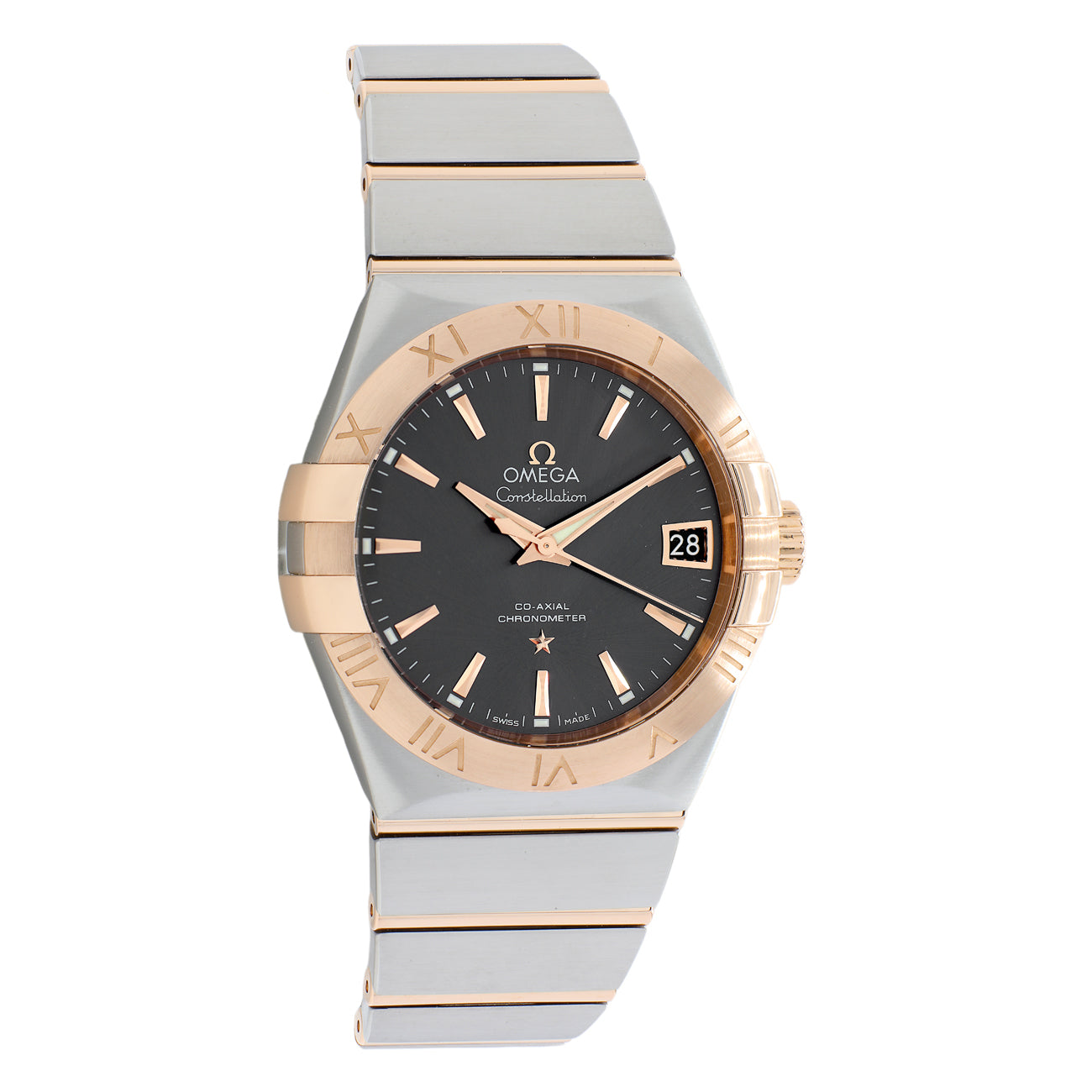 Exclusive Omega Stainless Steel 18K Rose Gold Constellation 123.20.38.21.06.001 — Front View