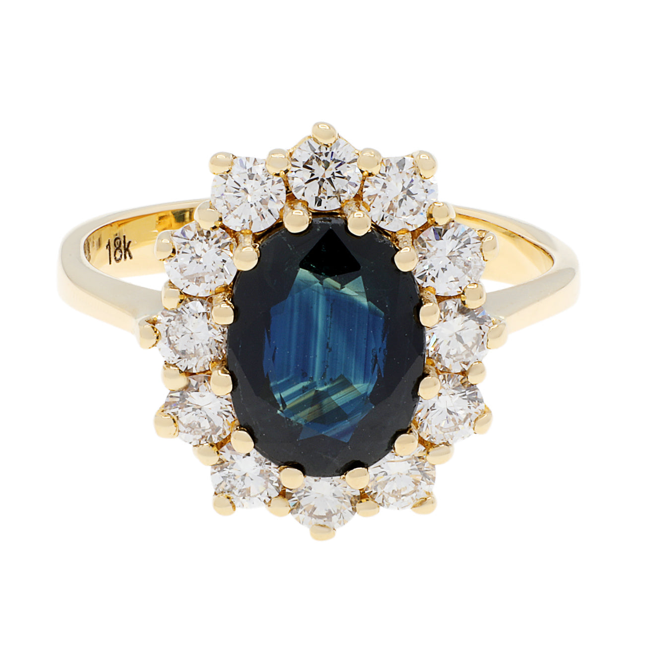 Exclusive 18K Yellow Gold 1.34 Carat Oval Sapphire Diamond Halo Ring — 3.5 — Front View