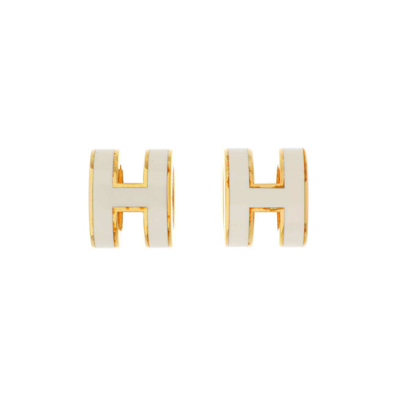 Exclusive Hermes Yellow Gold White Lacquer Mini Pop H Earrings — Front View