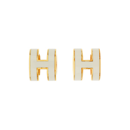 Exclusive Hermes Yellow Gold White Lacquer Mini Pop H Earrings — Front View