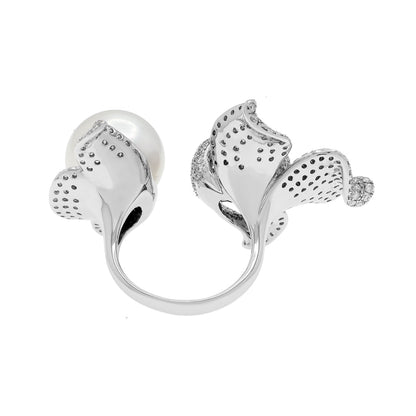 Exclusive 18K White Gold South Sea Pearl Diamond Blossom Ring — Side View