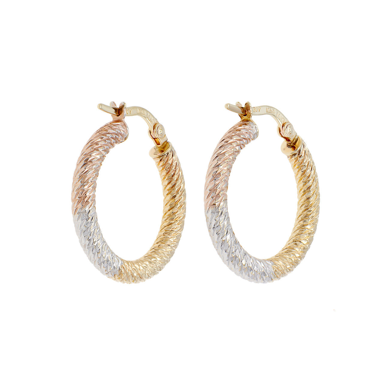 Exclusive 10K Tri-Gold Diamond Cut Hoop Earrings — Side View