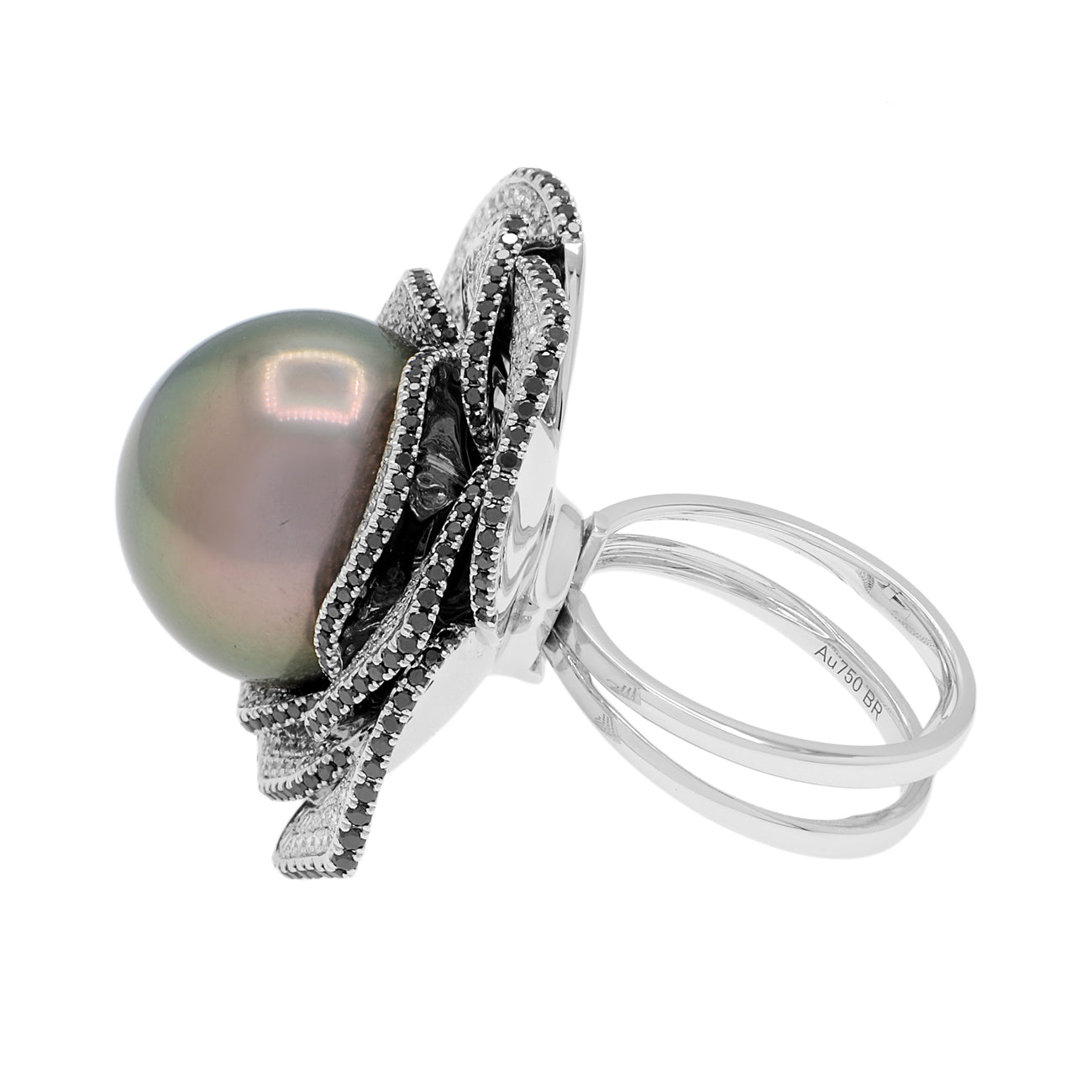 Exclusive 18K White Gold 17.0mm Tahitian Pearl Convertible Floral Pendant Ring — 4.5 — Side View