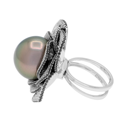Exclusive 18K White Gold 17.0mm Tahitian Pearl Convertible Floral Pendant Ring — 4.5 — Side View