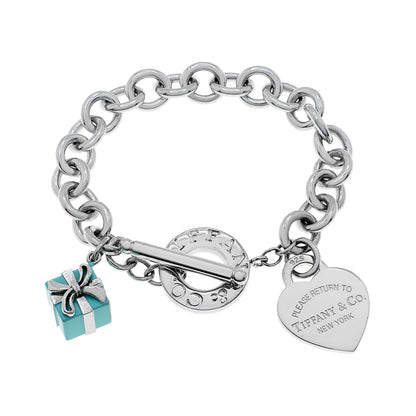 Exclusive Tiffany & Co. Sterling Silver Heart Tag Toggle Bracelet w/ Charm — Front View