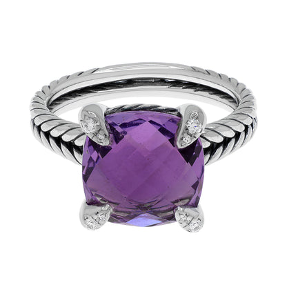 Exclusive David Yurman Sterling Silver Amethyst Diamond Chatelaine Ring — Front View