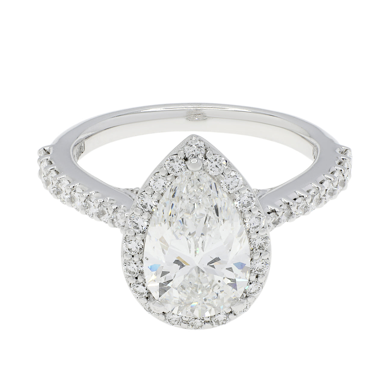 Exclusive 18K White Gold 1.51 Carat Pear Diamond Halo Ring — 3.5 — Front View