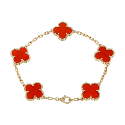 Exclusive Van Cleef & Arpels 18K Yellow Gold Carnelian 5 Motifs Vintage Alhambra Bracelet — Front View