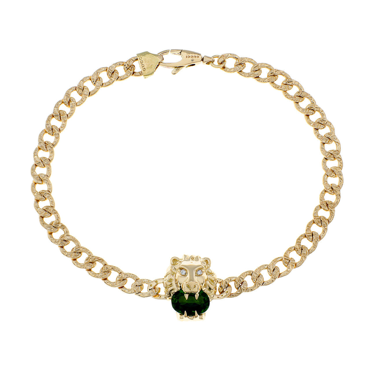 Exclusive Gucci 18K Yellow Gold Diamond Chrome Diopside Lion Head Bracelet — Front View