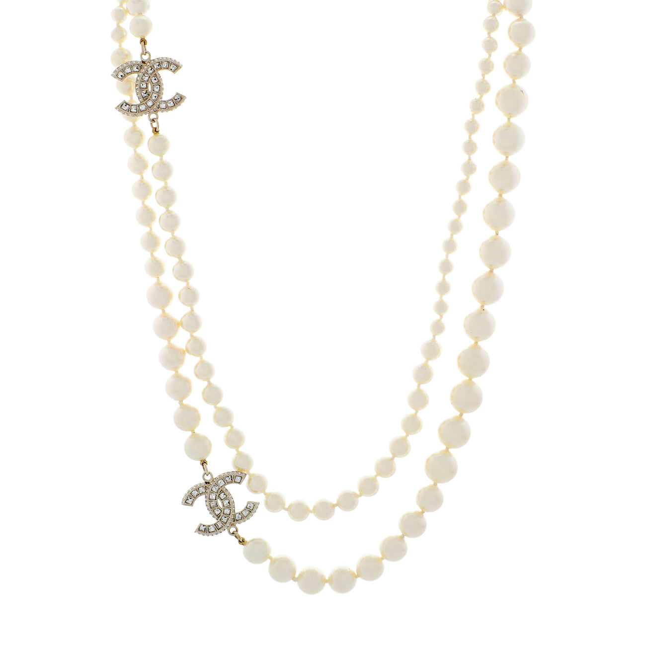 Exclusive Chanel Pearl Crystal CC Long Necklace — Front View
