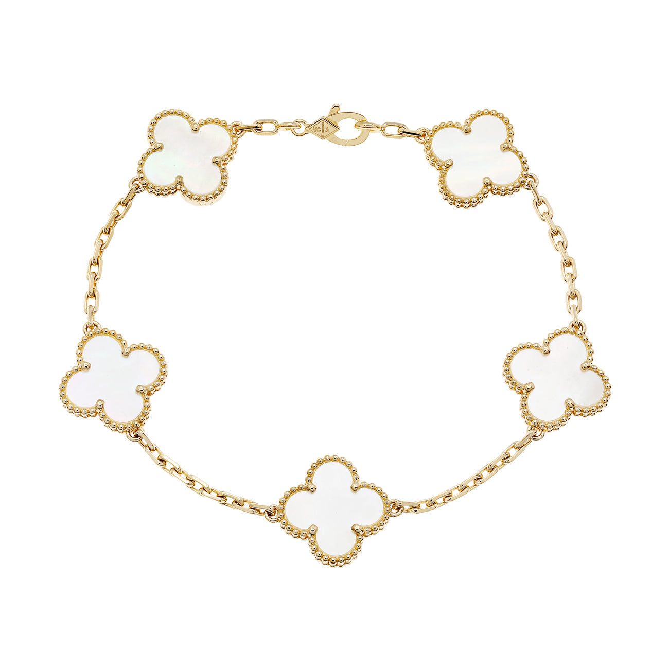 Exclusive Van Cleef & Arpels 18K Yellow Gold Mother of Pearl 5 Motifs Vintage Alhambra Bracelet — Front View