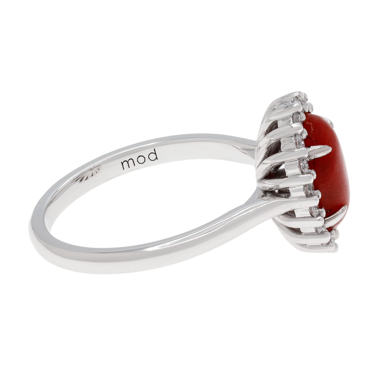 Exclusive 18K White Gold Cabochon Coral Halo Diamond Ring — 3.75 — Side View