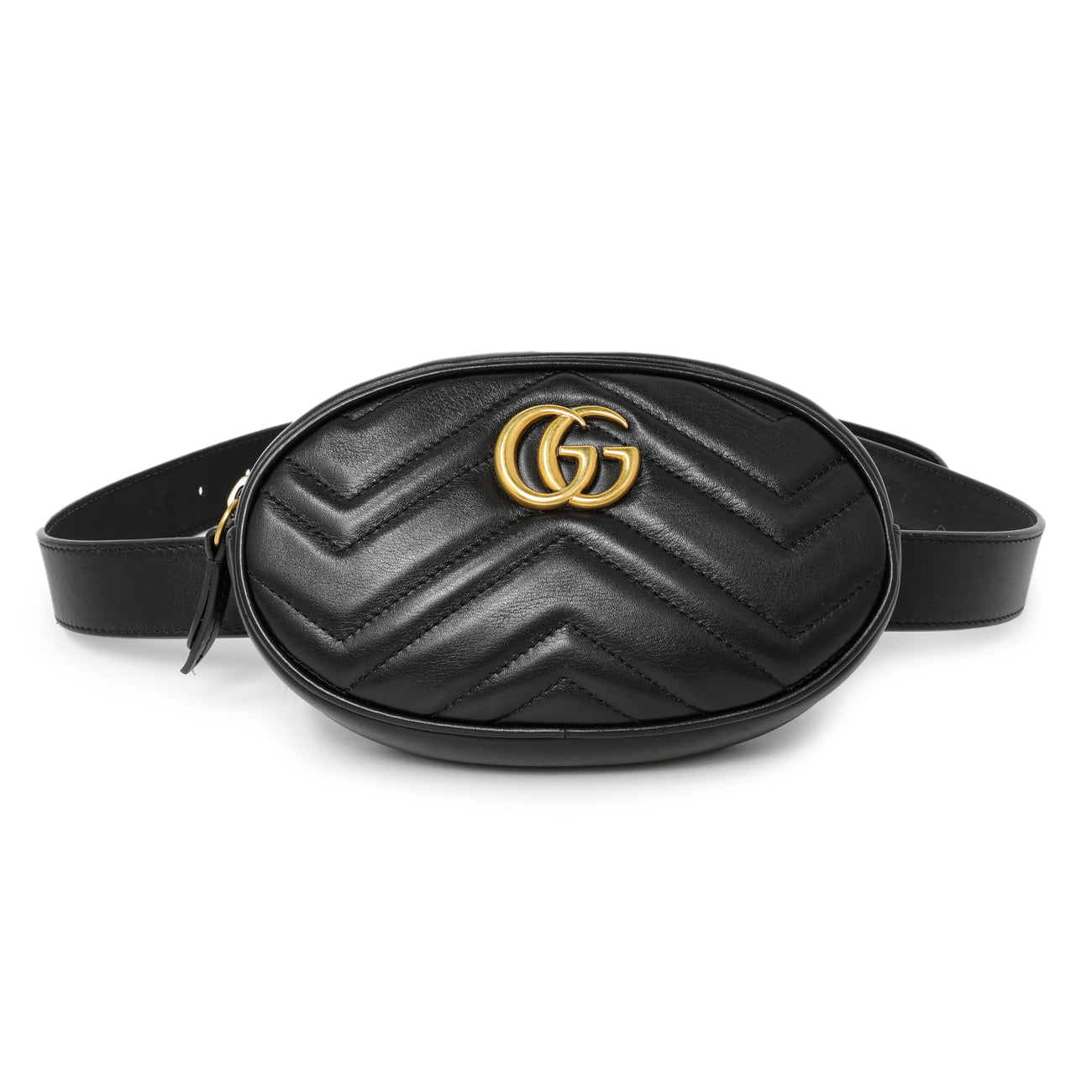 Exclusive Gucci Black Calfskin Matelasse GG Marmont Belt Bag — Front View