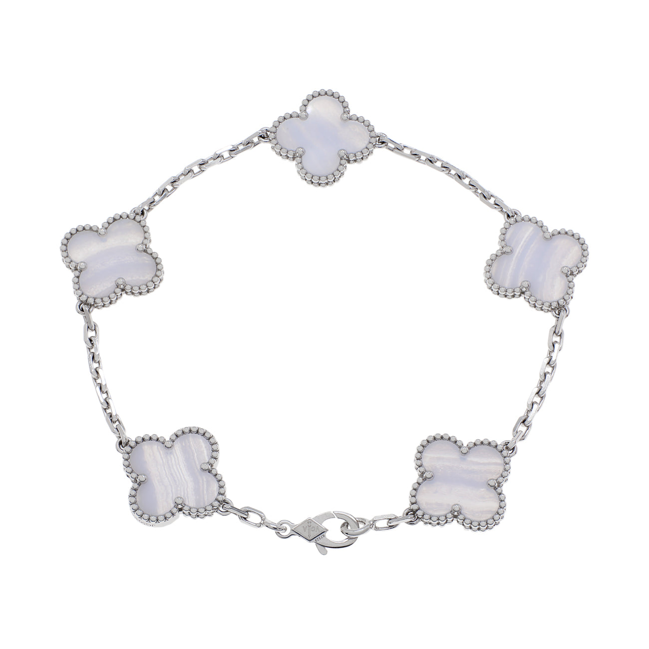 Exclusive Van Cleef & Arpels 18K White Gold Chalcedony 5 Motifs Vintage Alhambra Bracelet — Front View