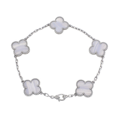 Exclusive Van Cleef & Arpels 18K White Gold Chalcedony 5 Motifs Vintage Alhambra Bracelet — Front View