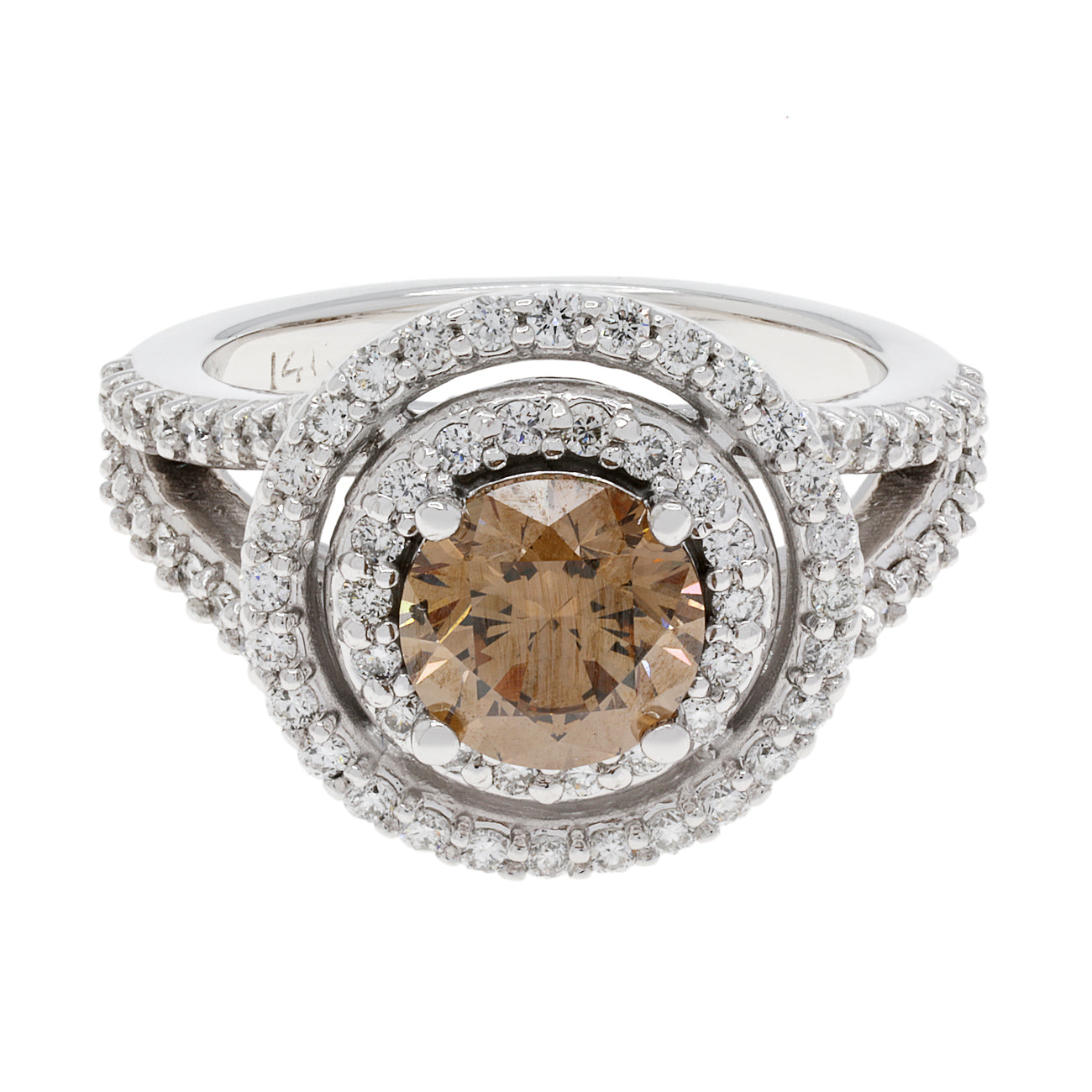 Exclusive 14K White Gold 1.57 Carat Fancy Vivid Brown Diamond Double Halo Ring — 3.5 — Front View
