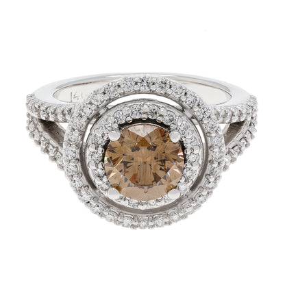 Exclusive 14K White Gold 1.57 Carat Fancy Vivid Brown Diamond Double Halo Ring — 3.5 — Front View