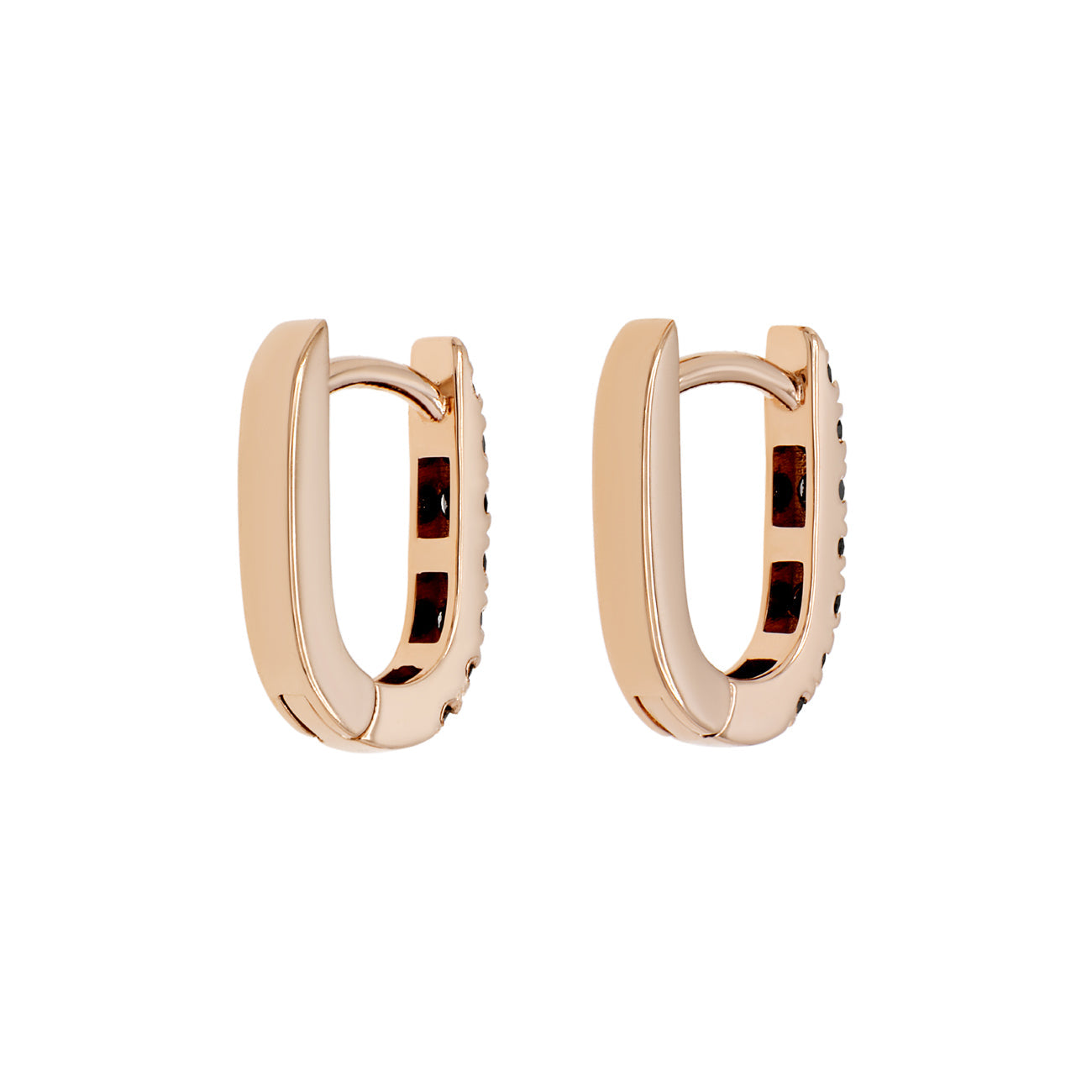 Exclusive 18K Rose Gold Black Diamond Huggie Earrings — Side View