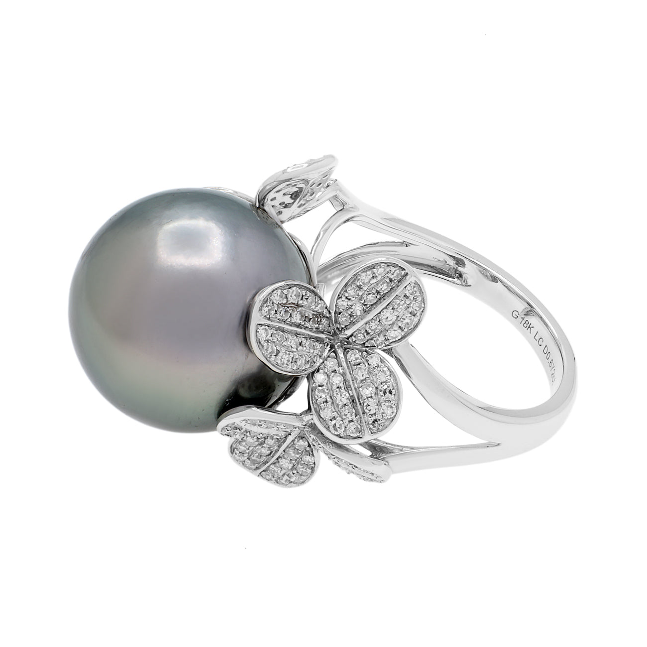 Exclusive 18K White Gold 14.1mm Tahitian Black Pearl Diamond Diamond Blossom Ring — 3.25 — Side View
