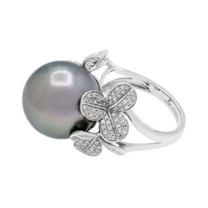 Exclusive 18K White Gold 14.1mm Tahitian Black Pearl Diamond Diamond Blossom Ring — 3.25 — Side View