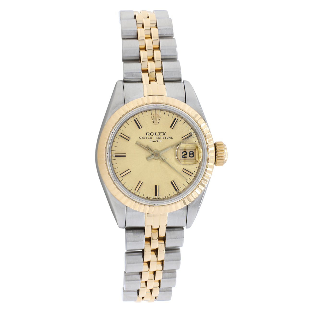 Exclusive Rolex 18K Yellow Gold Stainless Steel Oyster Perpetual Date 69173 — Front View