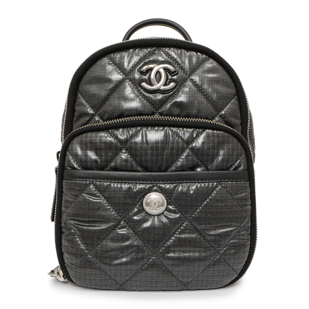 Exclusive Chanel Grey Nylon Coco Neige Backpack — Front View