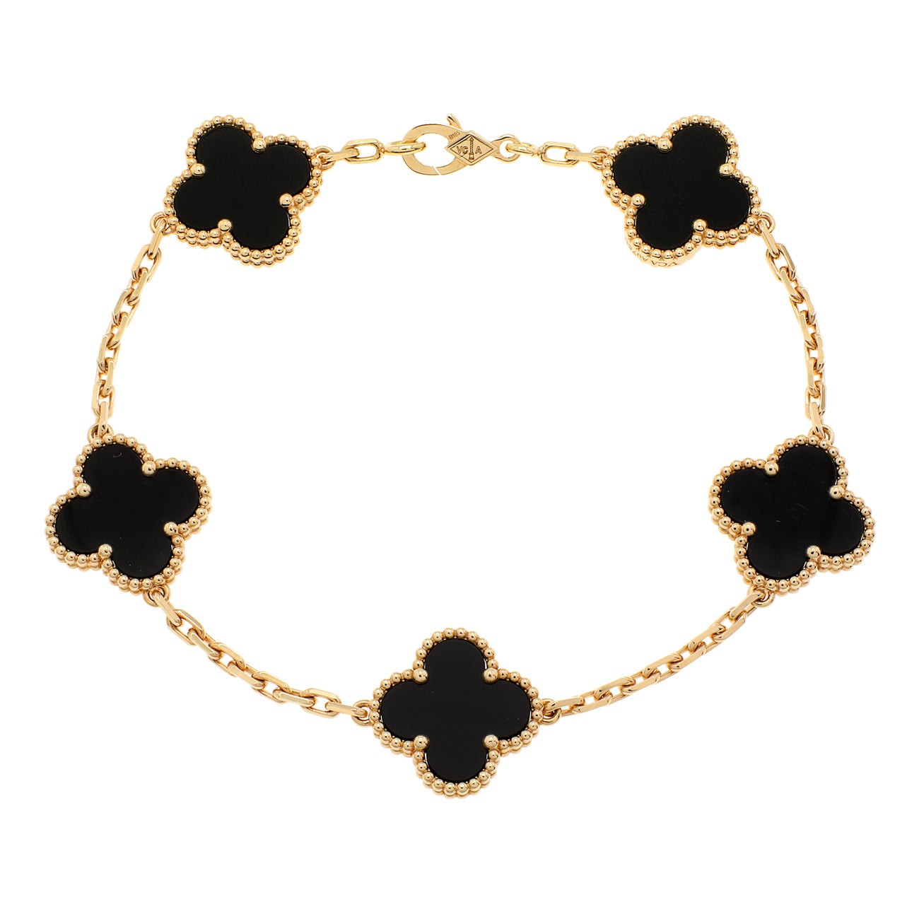 Exclusive Van Cleef & Arpels 18K Yellow Gold Onyx 5 Motifs Vintage Alhambra Bracelet — Front View