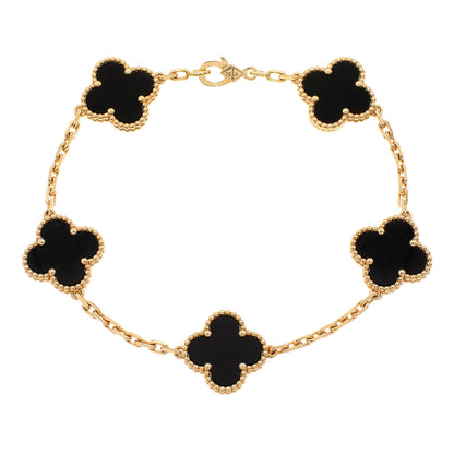 Exclusive Van Cleef & Arpels 18K Yellow Gold Onyx 5 Motifs Vintage Alhambra Bracelet — Front View